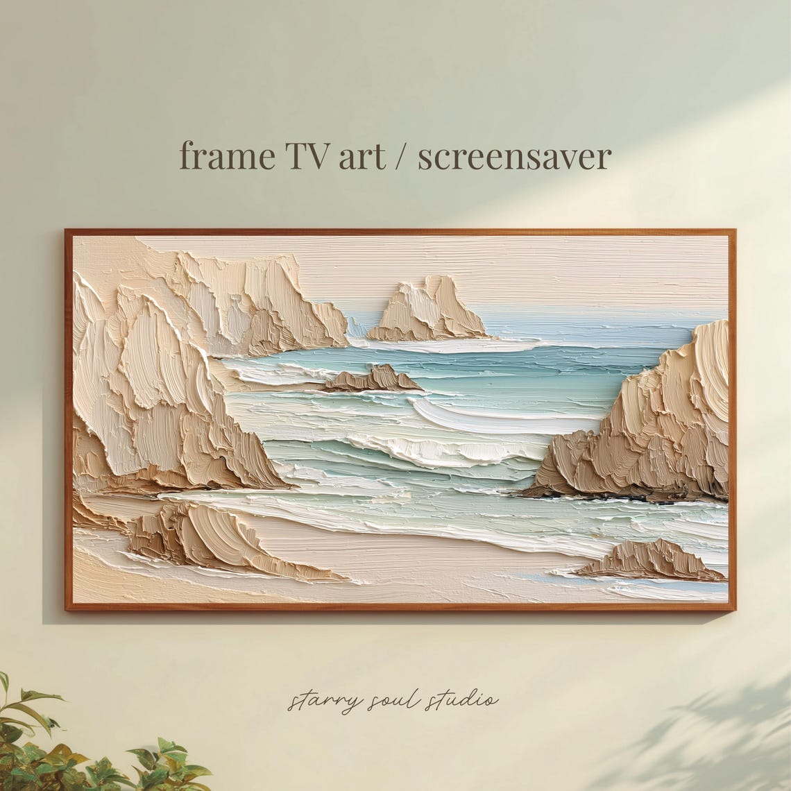 Textured Coastal Cliffs Seascape Impasto Oil Painting Frame TV Poster
