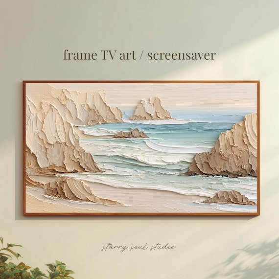 Textured Coastal Cliffs Seascape Impasto Oil Painting Frame TV Poster