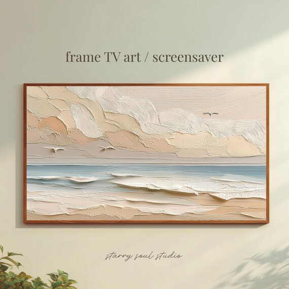 Abstract Beige Seascape Textured Oil Painting Print Minimalist Ocean Waves Art