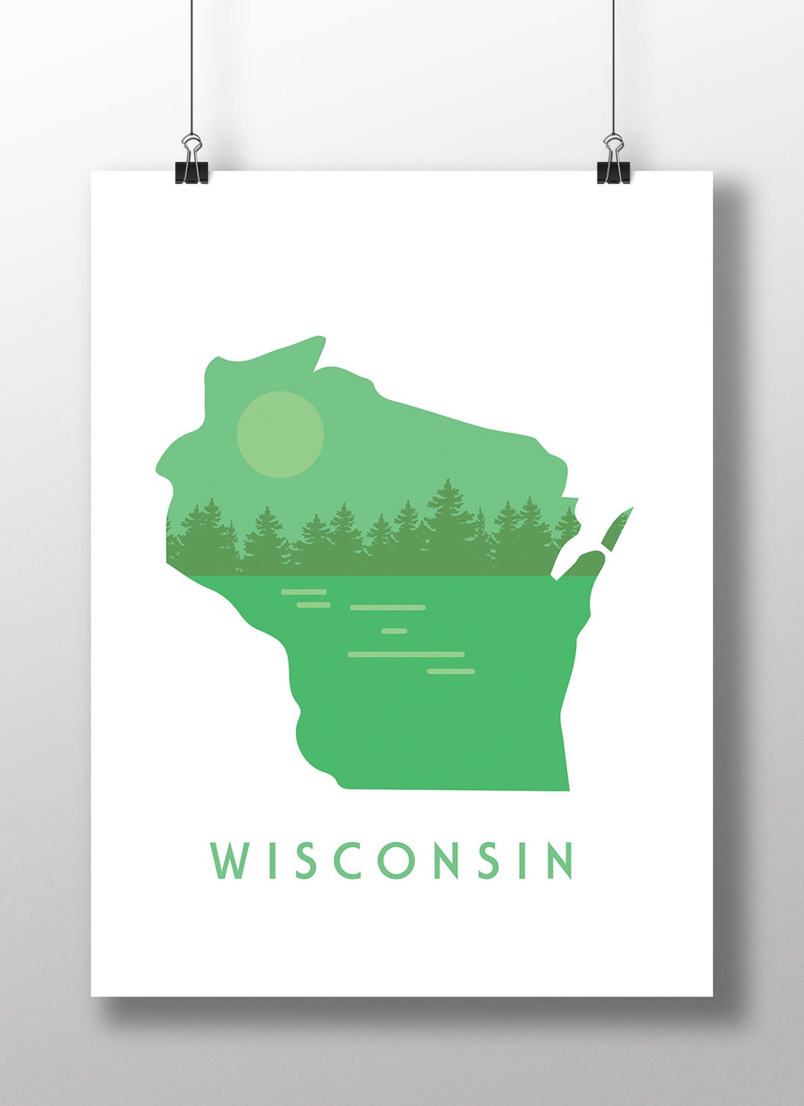 Wisconsin State Map Pine Forest Lake Sun Minimalist Art Poster