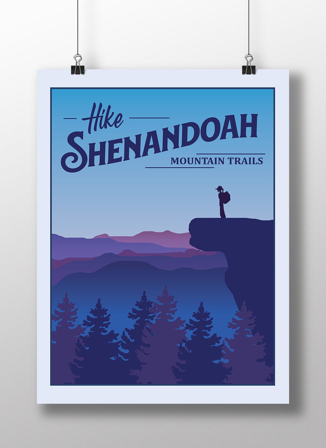 Hike Shenandoah Mountain Trails Hiker Silhouette Cliff Forest Poster