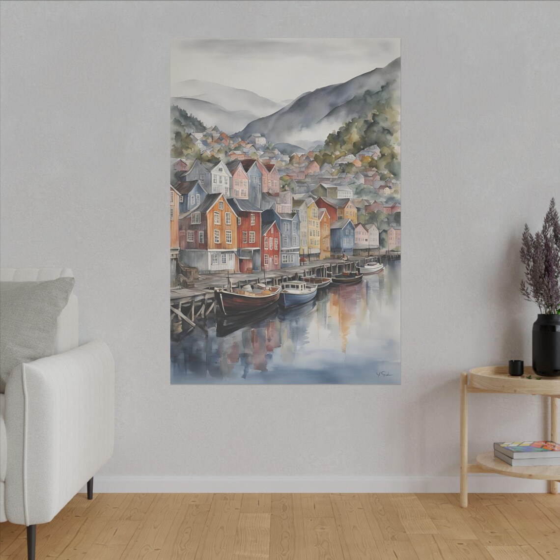 Bergen Norway Bryggen Wharf Watercolor Harbor Waterfront Travel Poster - Image 3
