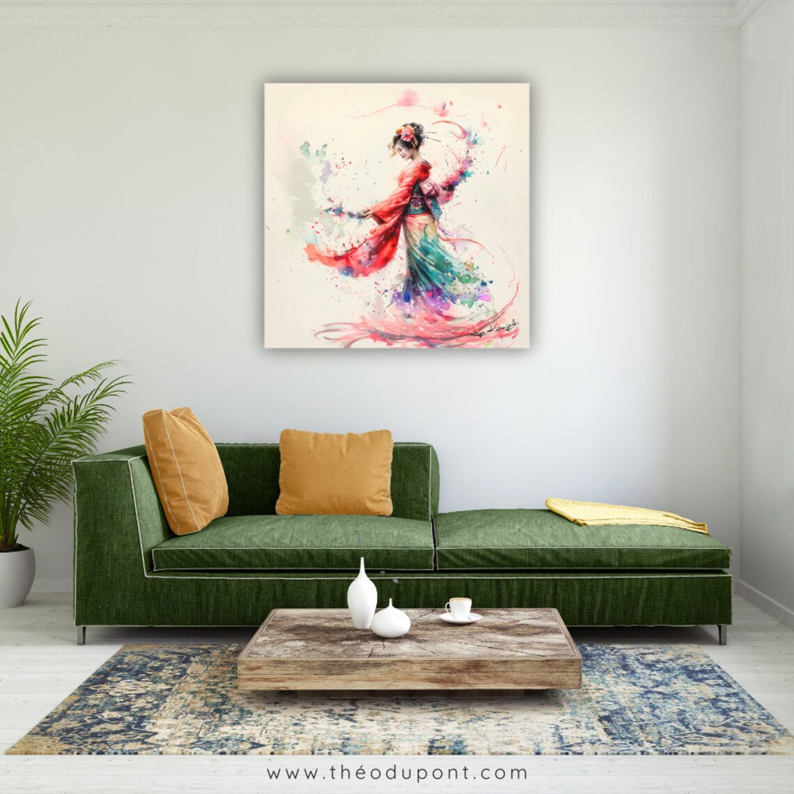 Japanese Geisha Dancing Red Kimono Splash Watercolor Motion Art Poster - Image 2