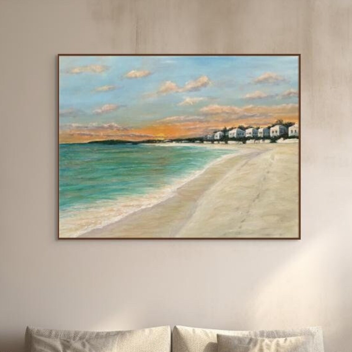 Seaside Beach Sunset White Houses Turquoise Water Shoreline Poster