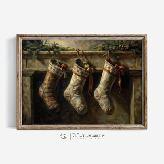 Christmas Stockings Still Life Print Moody Winter Scene Wall Art Artwork Vintage Style Holiday Decor 167