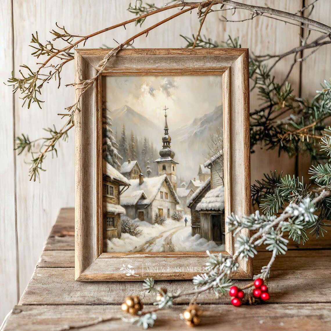 Snowy Village Christmas Winter Print, Rustic Holiday - Image 3