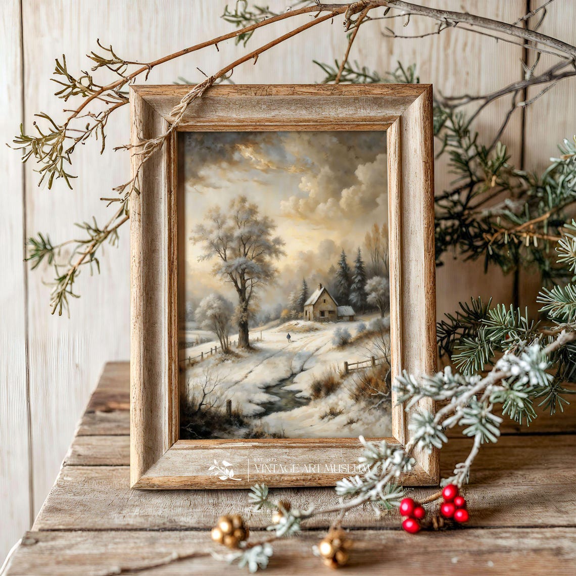Winter Farmhouse With Lone Figure Walking a Snowy Path Poster - Image 3