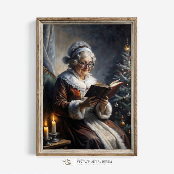 Moody Christmas Wall Art Mrs Claus Reading Book Large Oil Painting Winter Cottagecore Holiday Decor 422
