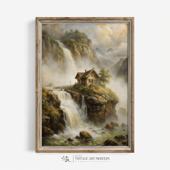 Scandinavian Waterfall Landscape Vintage Nordic Art Print