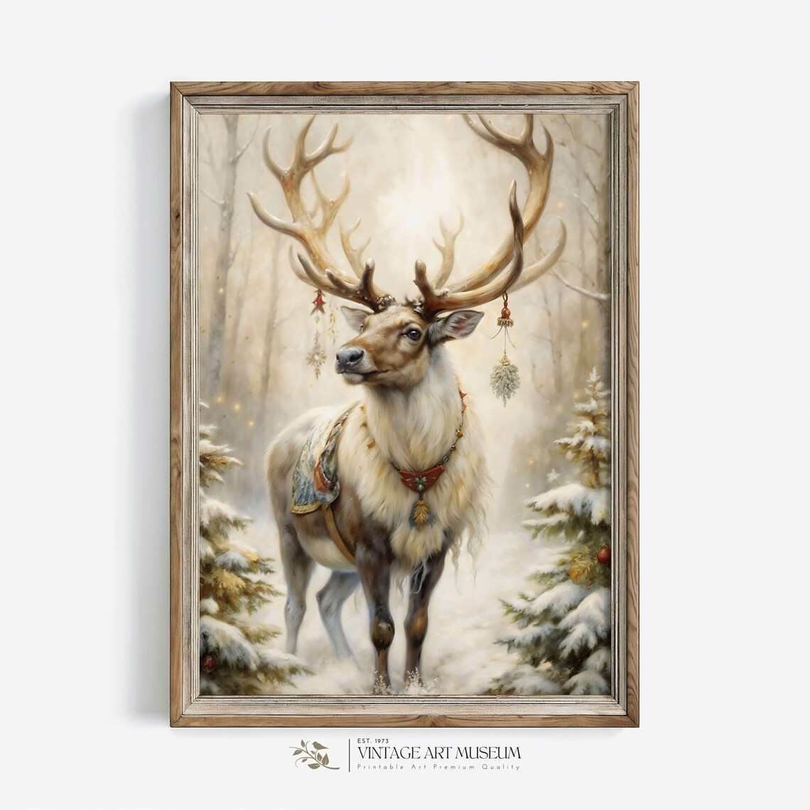 Vintage Christmas Deer Of Santa Art Print