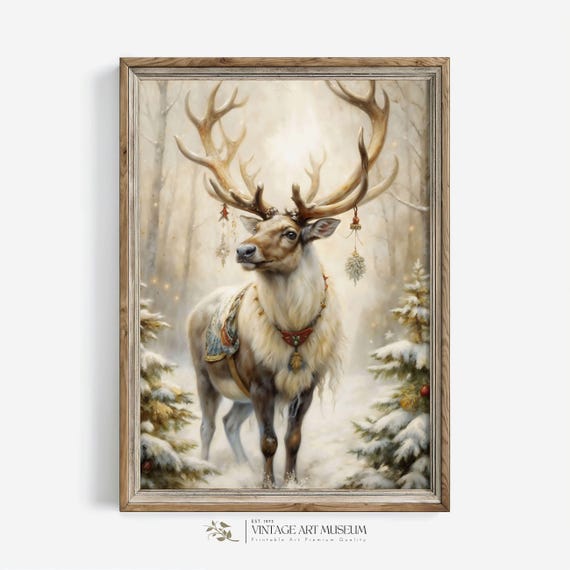 Vintage Christmas Deer Of Santa Art Print