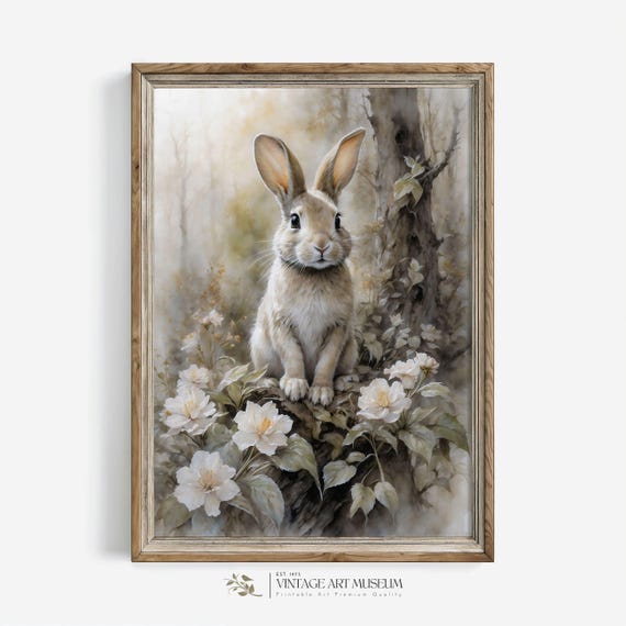 Cute Spring Bunny Watercolor Painting, Vintage Art Print