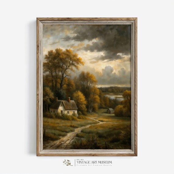 White Cottage Autumn Woodland Dirt Road Dramatic Sky Vintage Poster
