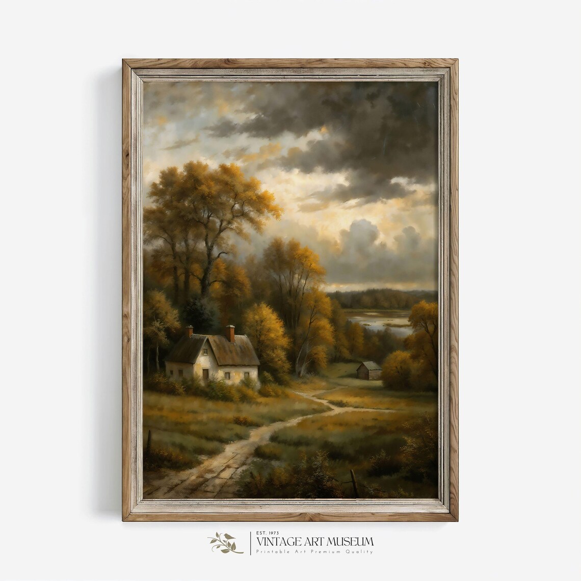 White Cottage Autumn Woodland Dirt Road Dramatic Sky Vintage Poster