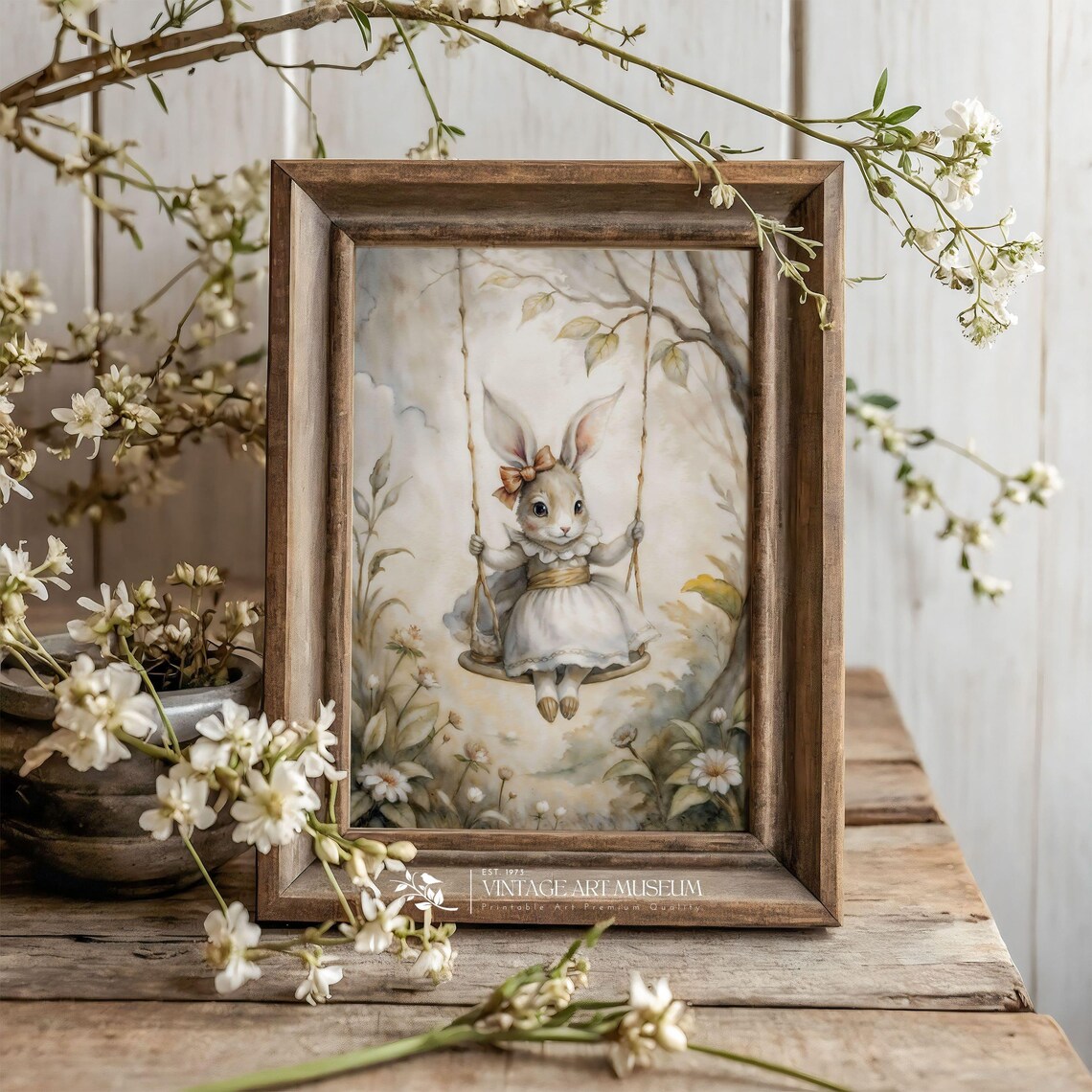 Bunny Girl on Swing Watercolor Nursery Art Print for Girls Room - Image 2