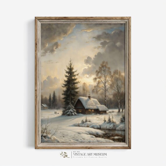 Cozy Snow Cabin in Winter Forest Sunset Vintage Oil Painting Poster