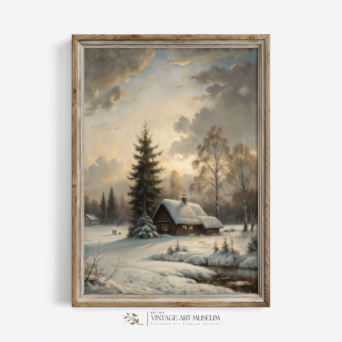 Cozy Snow Cabin in Winter Forest Sunset Vintage Oil Painting Poster