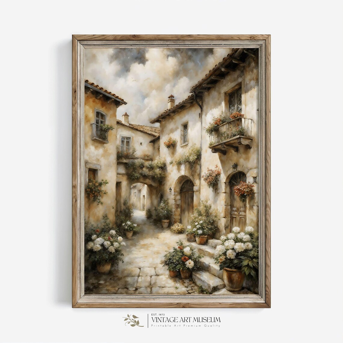 Old Italian Village Street with Flowers Warm Oil Painting Wall Art