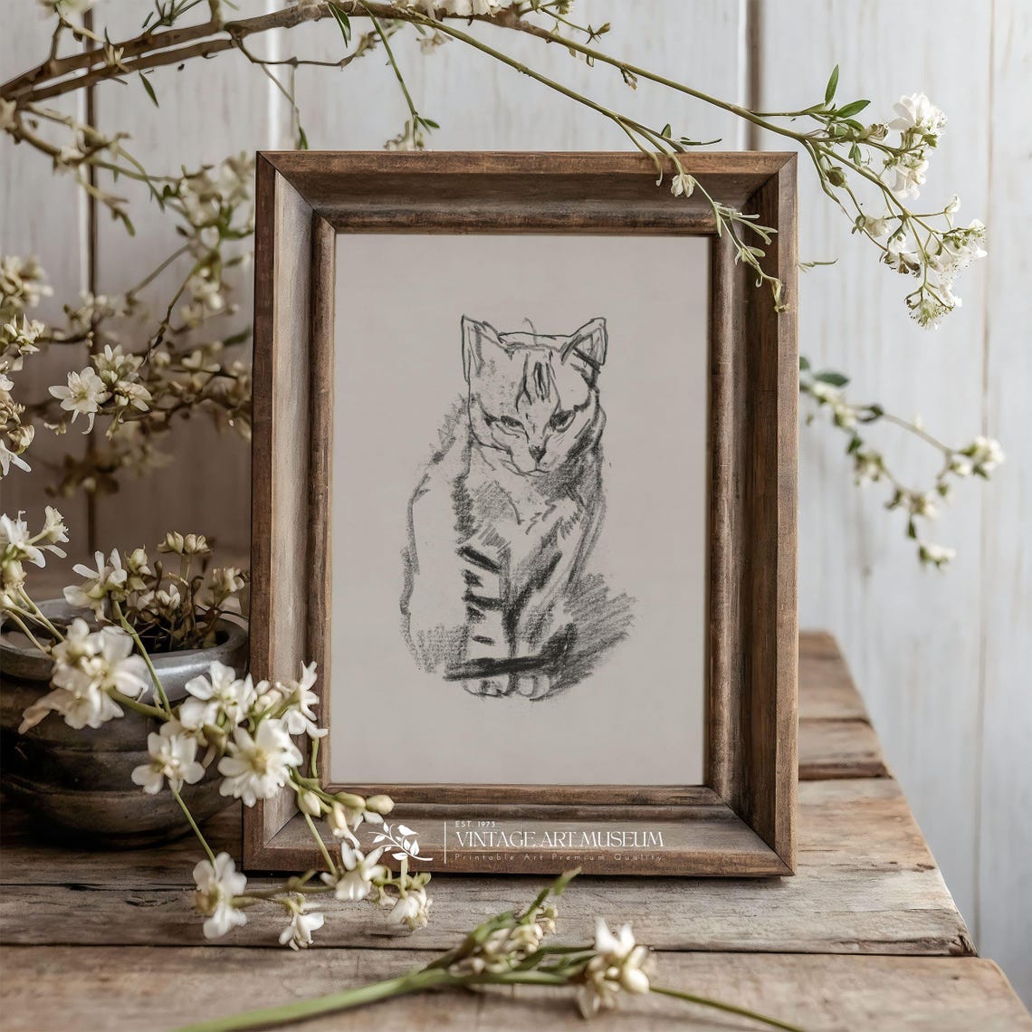 Minimalist Charcoal Cat Sketch Neutral Vintage Drawing Style Poster - Image 3