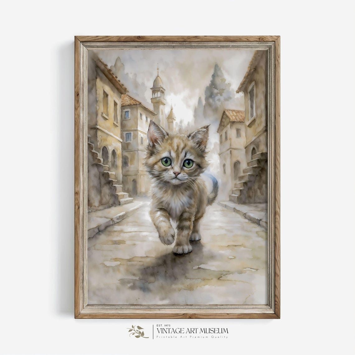 Ginger Kitten Cobblestone Street Warm Watercolor Nursery Wall Art - Image 3