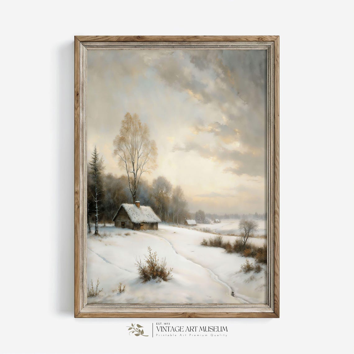 Lonely Snow Covered Cabin in Winter Field at Soft Dusk Poster