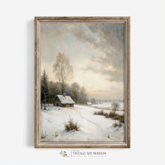 Rustic Wintery Surroundings Unique Snowy Landscape Print Warm Toned Oil Painting Wall Art Cottagecore Room Decor 466