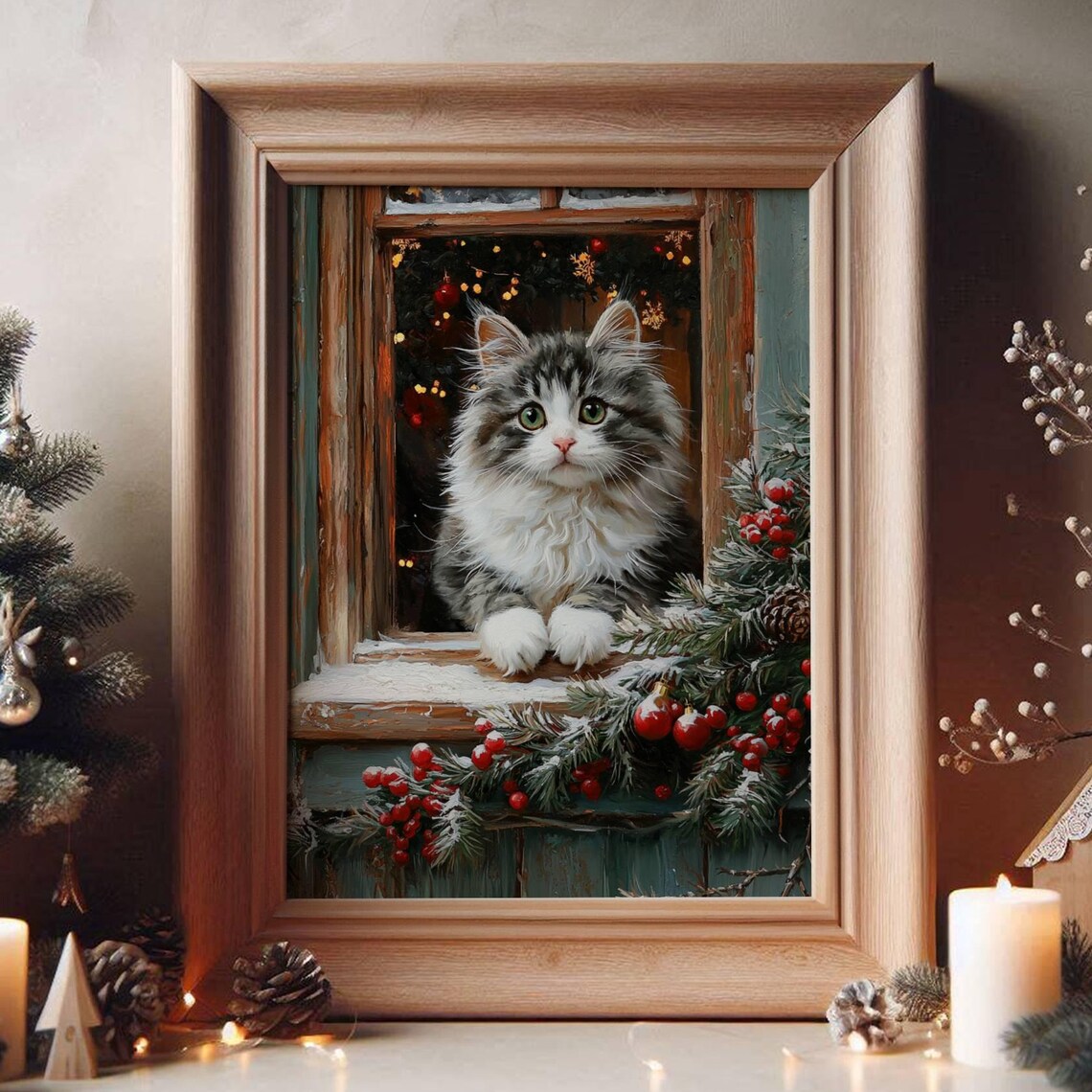 Tabby Cat Christmas Poster, Rustic Farmhouse Holiday