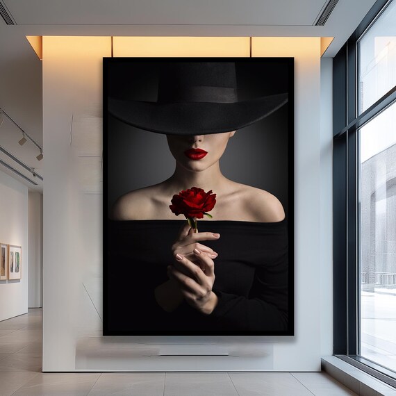 Red Lips Black Hat Woman With Red Rose Fashion Portrait Poster