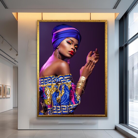 African Woman Blue Headwrap Bold Colorful Dress Portrait Poster
