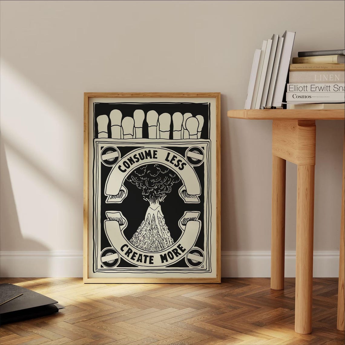 Consume Less Create More Retro Matchbox Volcano Black Ink Poster - Image 4