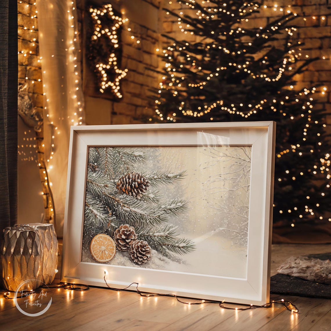 Snowy Pine Branches with Pinecones and Orange Slice Art Print - Image 6