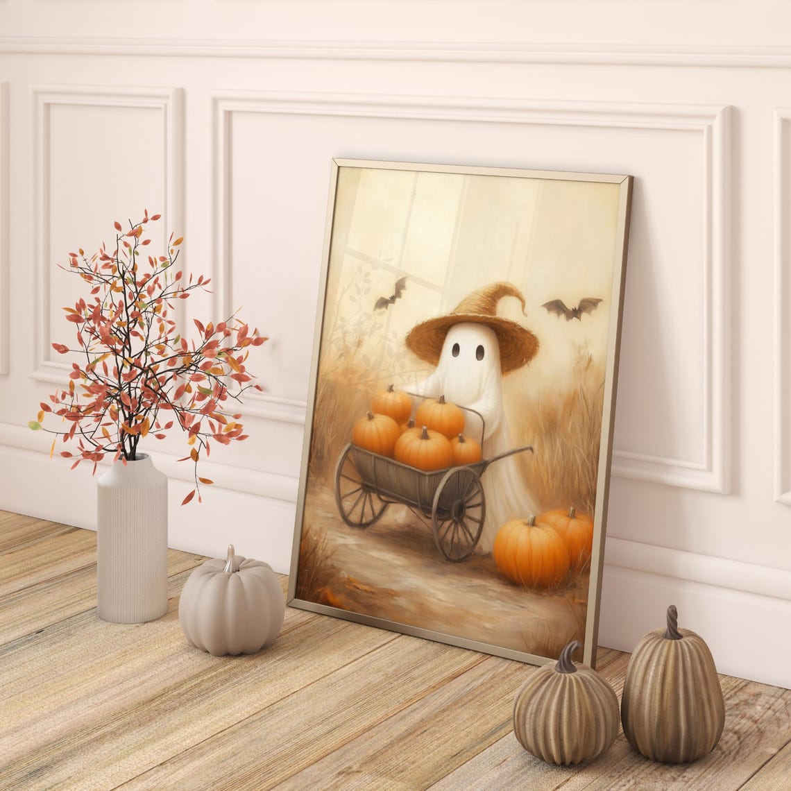 Cute Ghost In Witch Hat Pumpkin Wagon Beige Halloween Wall Art - Image 5