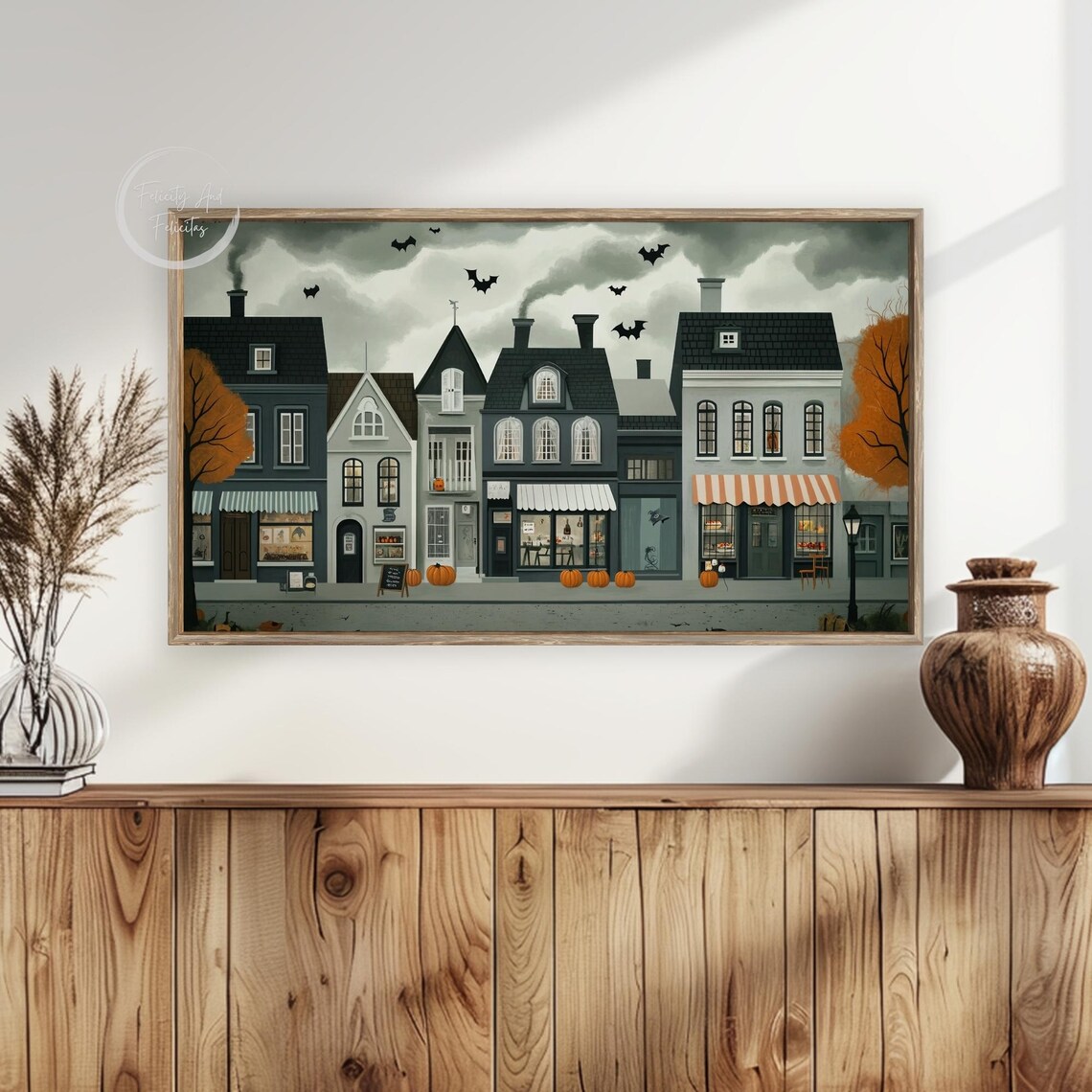 Spooky Halloween Village Street with Bats and Pumpkins Dusk Poster - Image 4