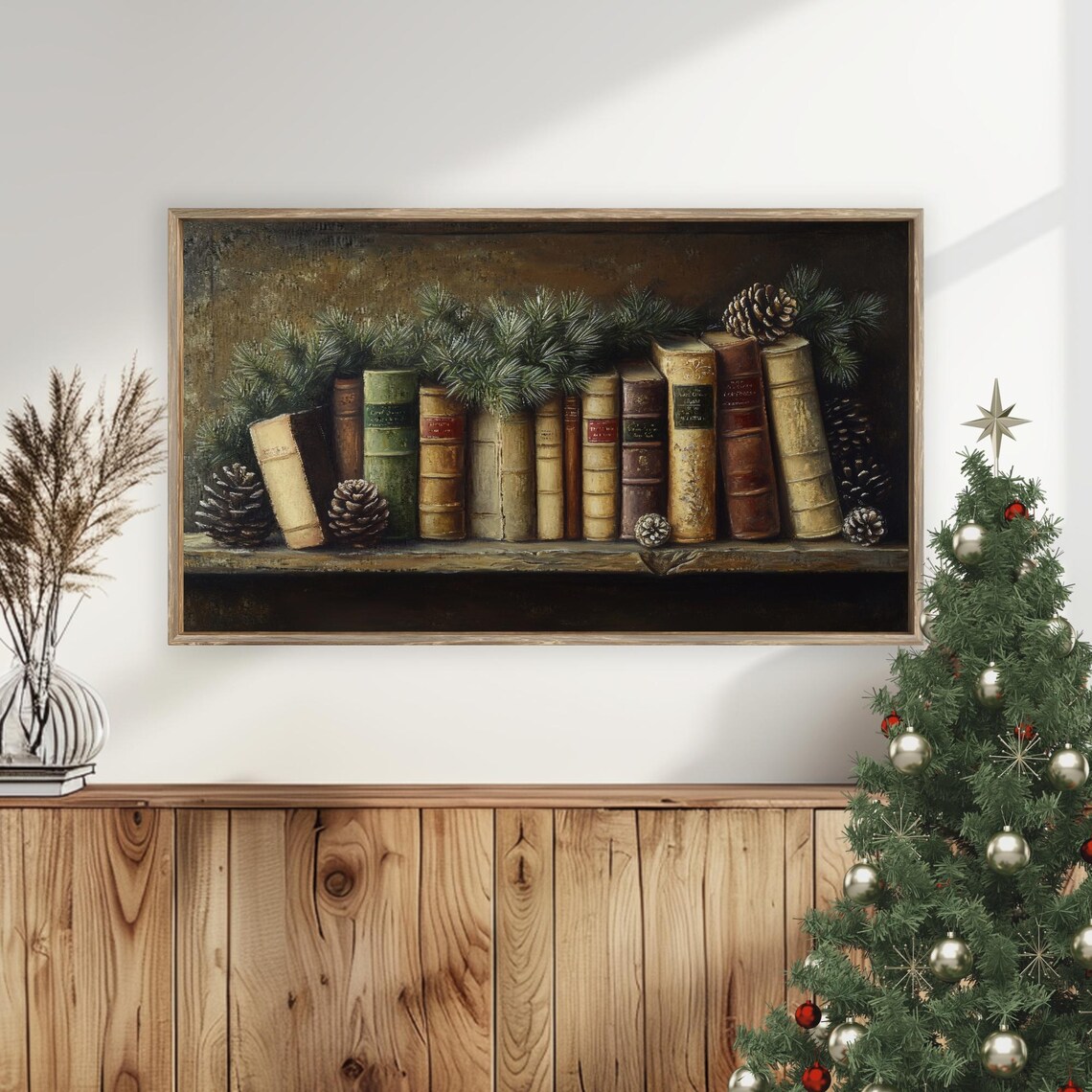 Vintage Bookshelf Old Books Pine Garland Winter Frame TV Art Poster - Image 5