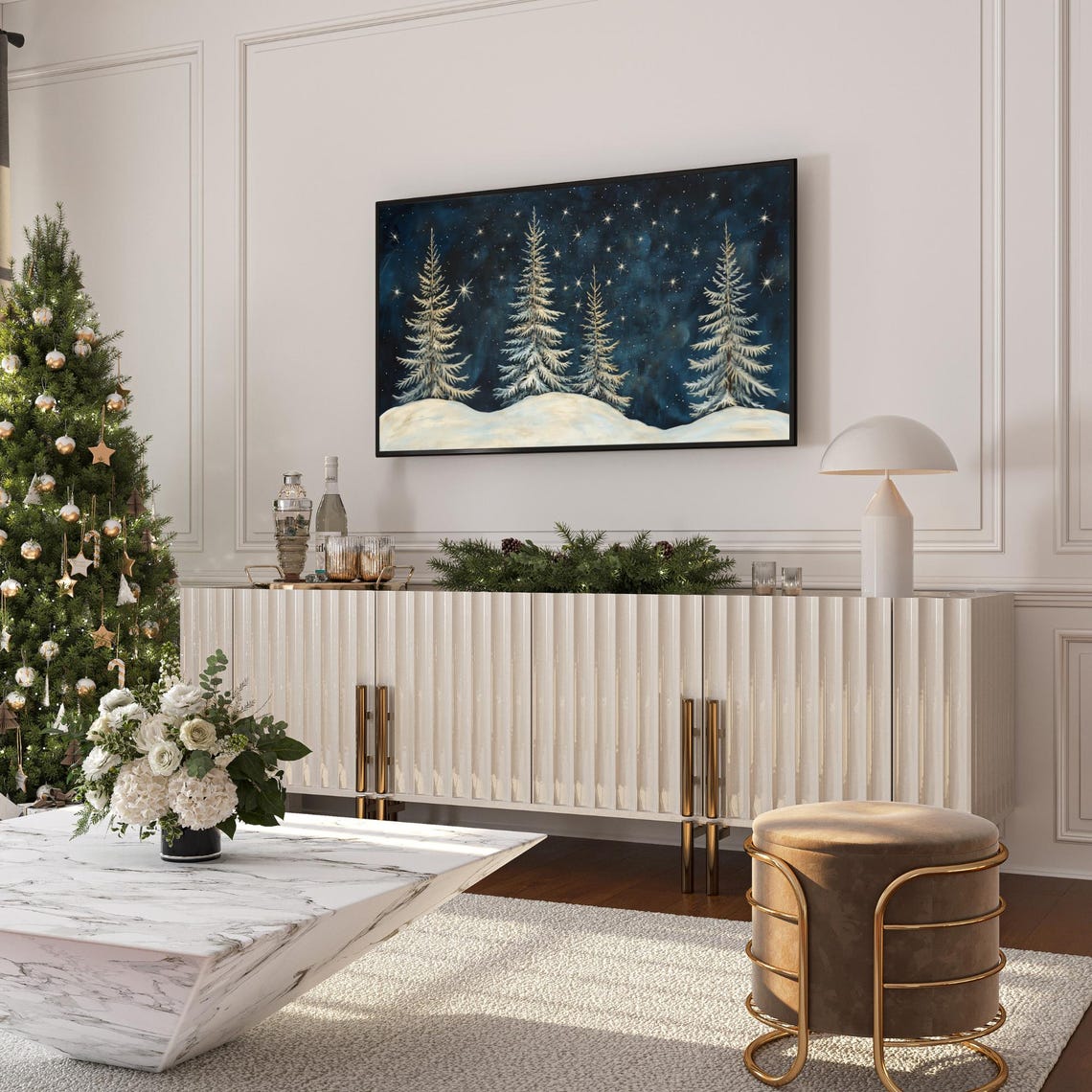 Snowy Pine Trees Starry Night Sky Winter Forest Serene Wall Art - Image 6