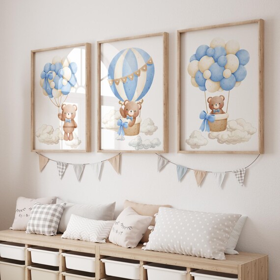 Blue Teddy Bear Hot Air Balloon Nursery Set Boy Room Wall Art