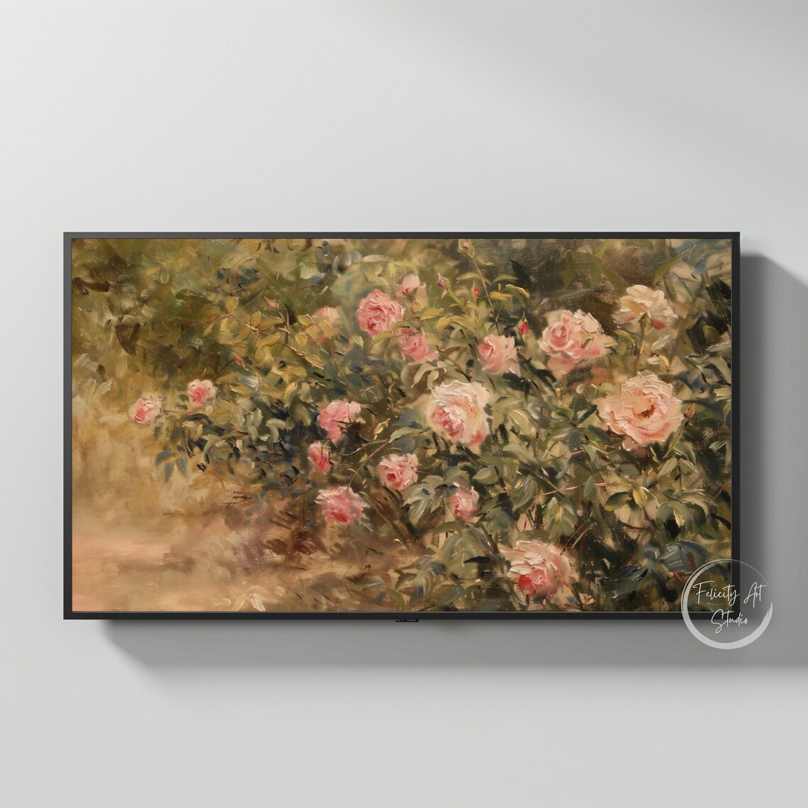 Impressionist Pink Roses Garden Bush Oil Painting Romantic Wall Art - Image 3