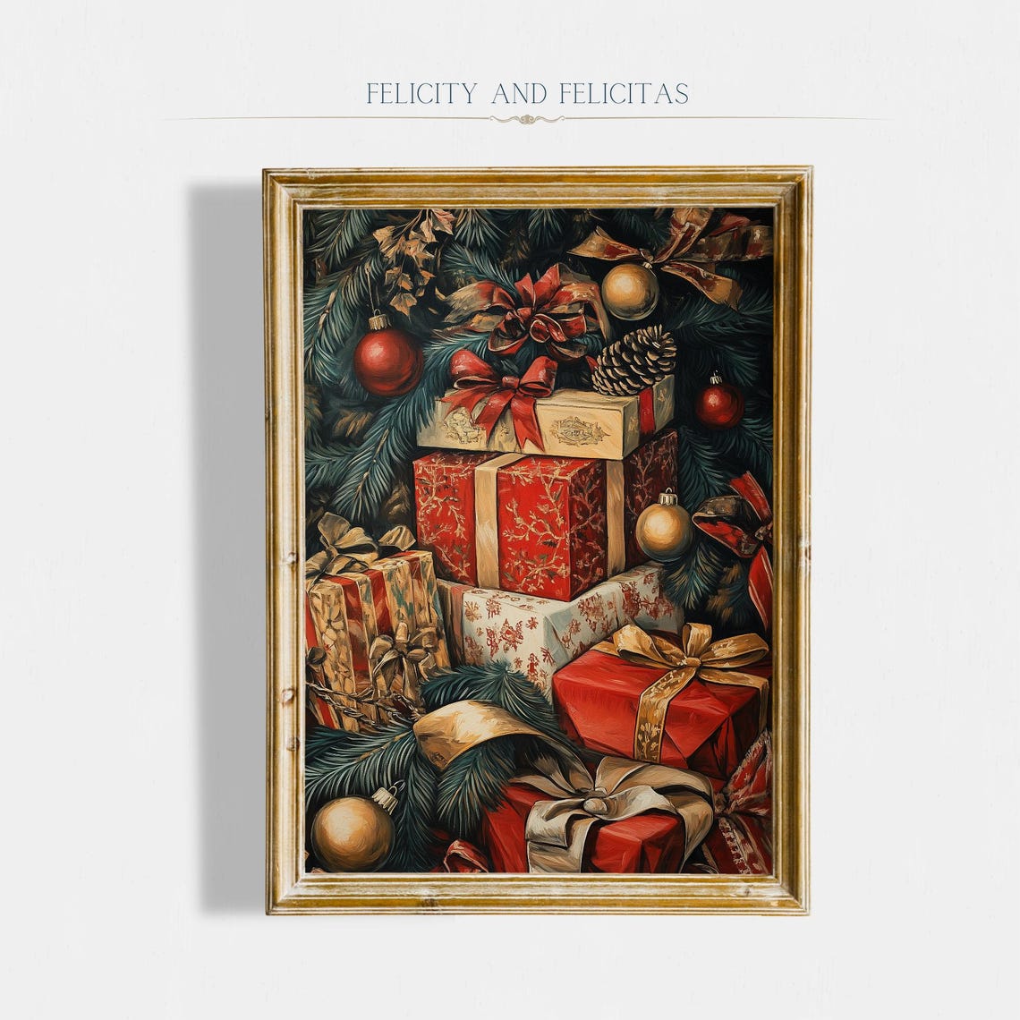 Stacked Red and Gold Christmas Gifts Under Tree Night Poster