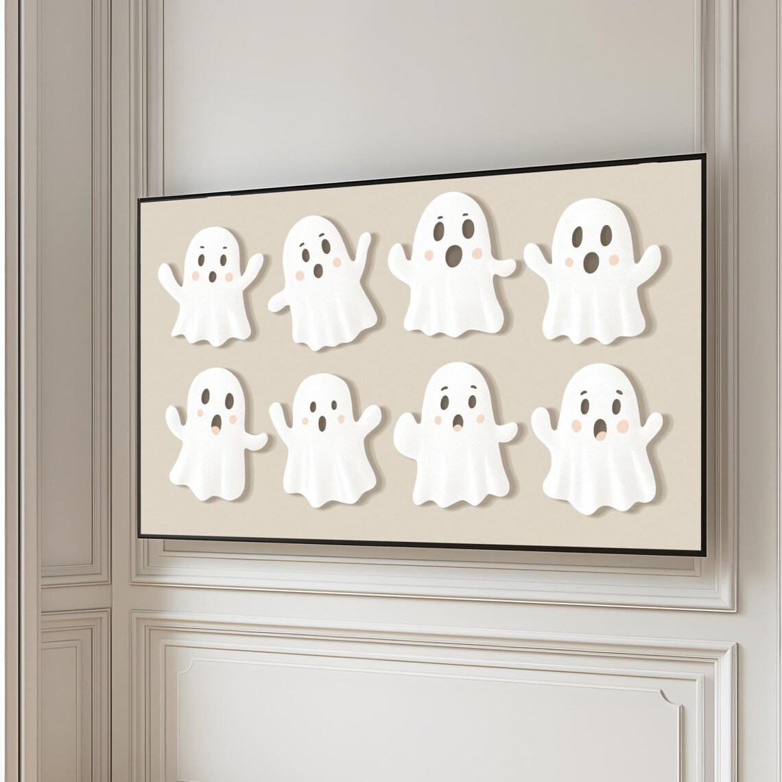 Eight Cute Cartoon Ghosts Beige Pastel Halloween TV Art Poster - Image 5