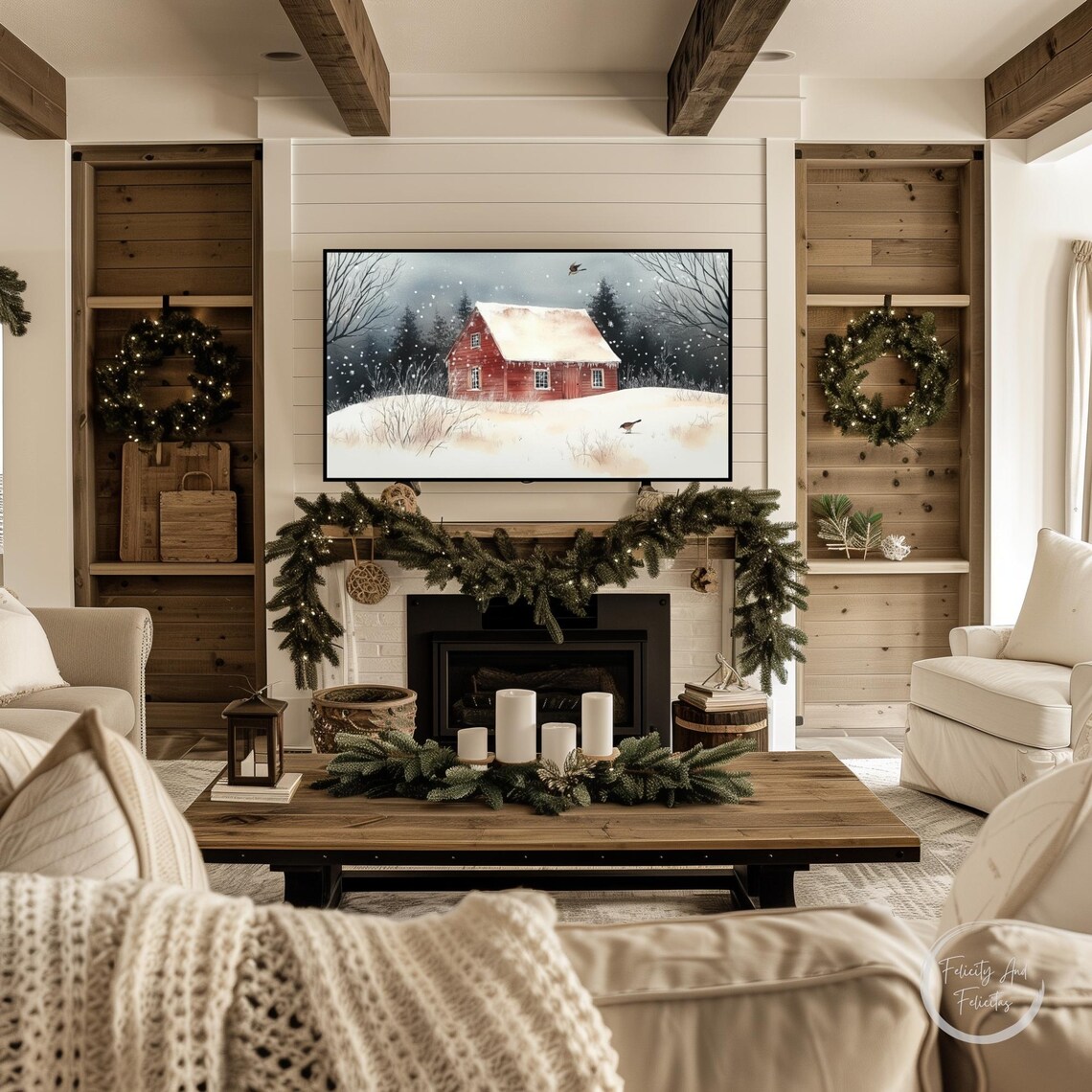 Red Barn In Winter Wonderland Watercolor Snow Birds Scene Poster - Image 3