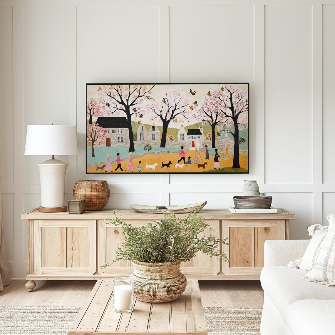 Spring Cherry Blossom Village Dog Walkers Frame TV Art Poster - Image 5