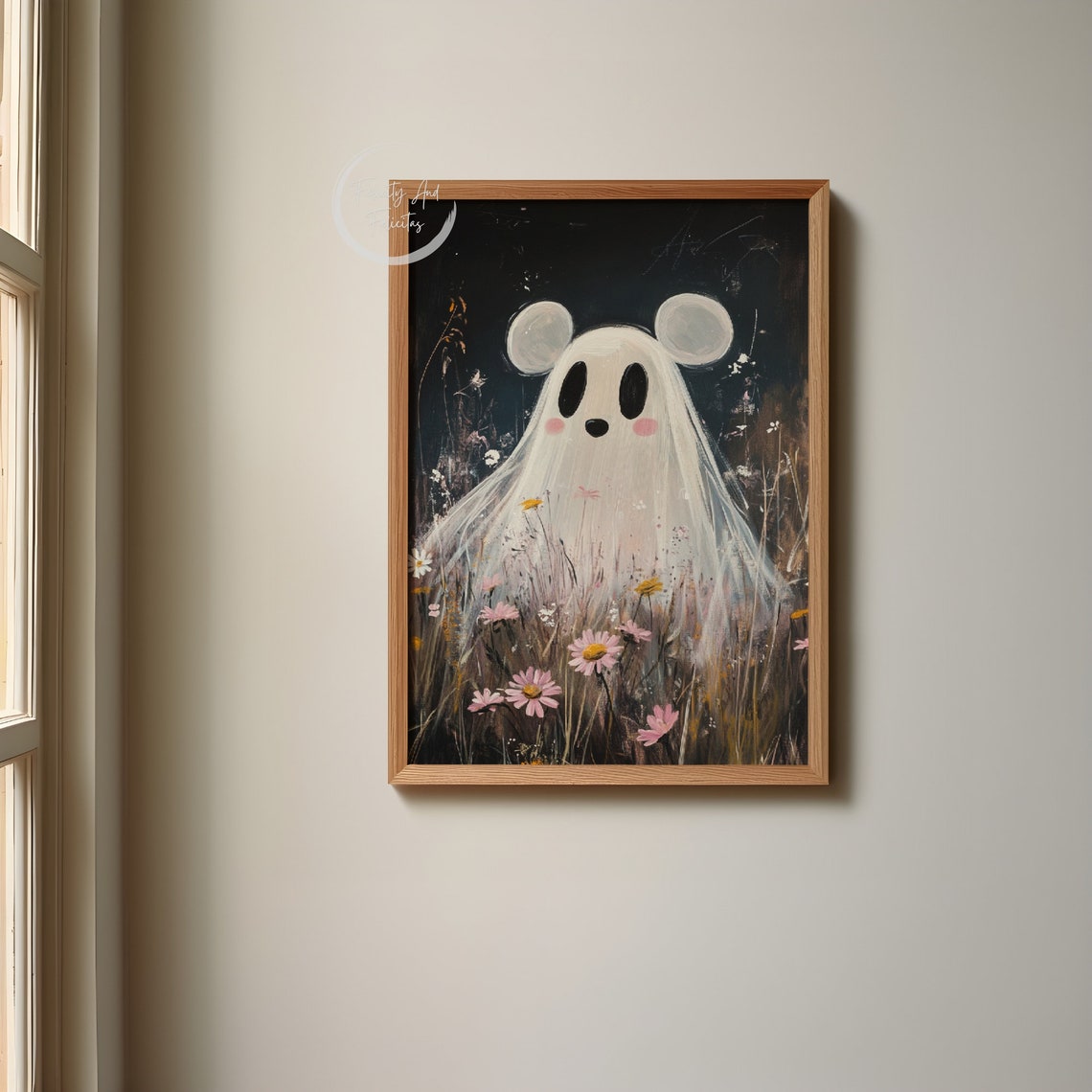 Cute Mouse Ghost Dark Wildflower Meadow Spooky Season Wall Art - Image 5