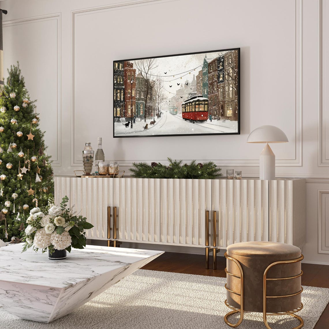 Winter City Street With Red Tram Snowfall Cats Night Scene Poster - Image 5