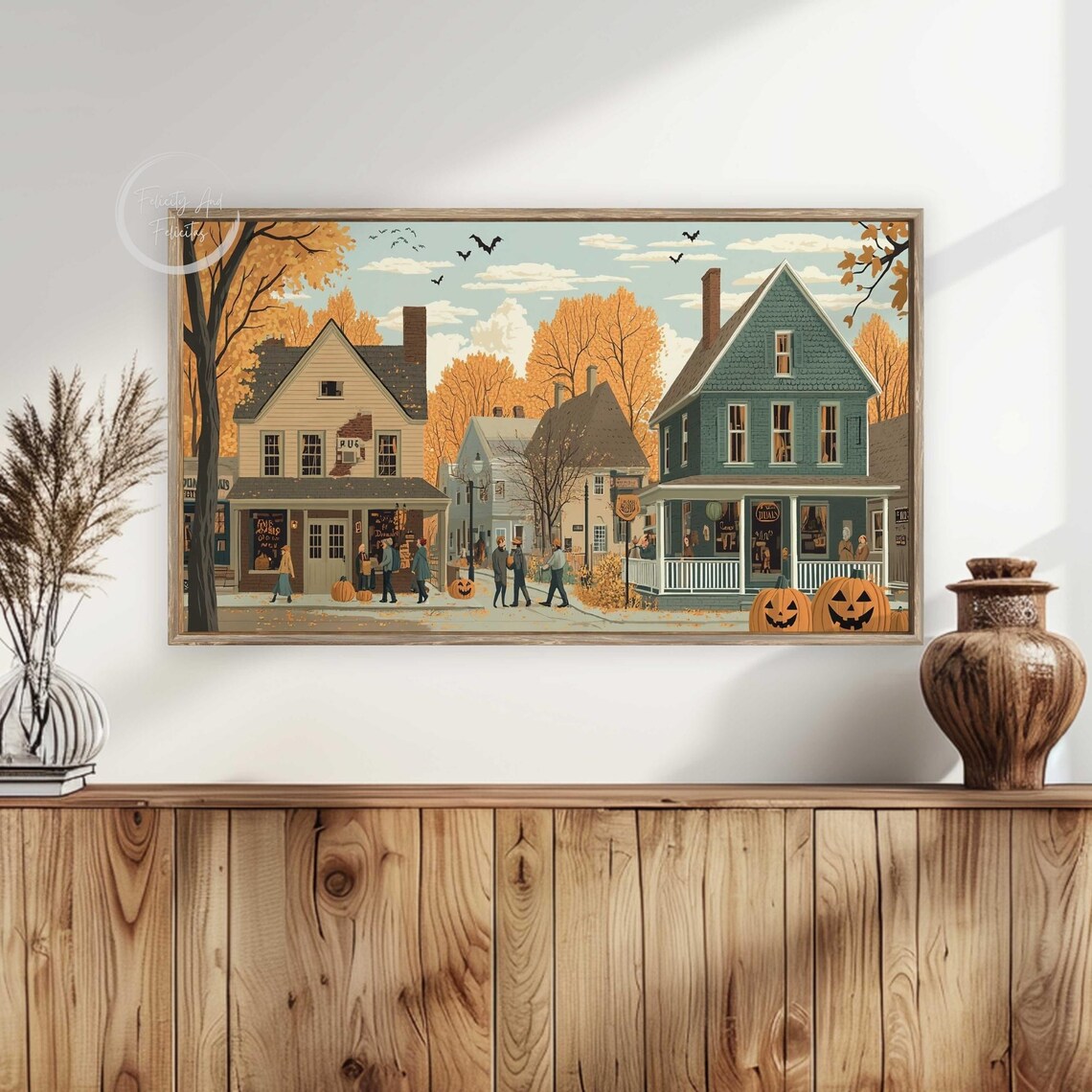 Halloween Main Street with Shops Pumpkins and Bats Autumn Poster - Image 6