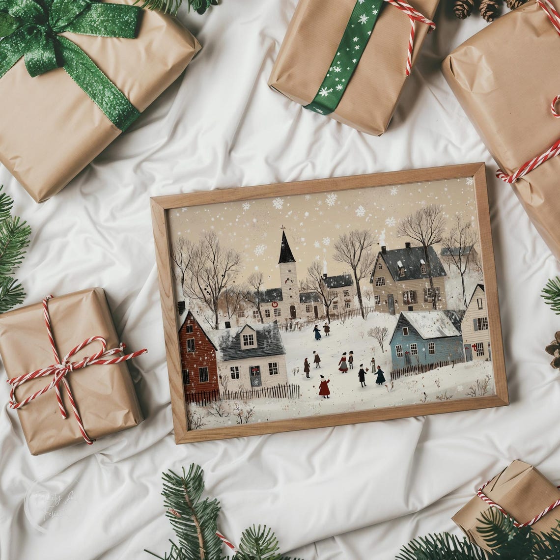 Neutral Beige Snowy Village With Church Snowflakes Holiday Poster - Image 6