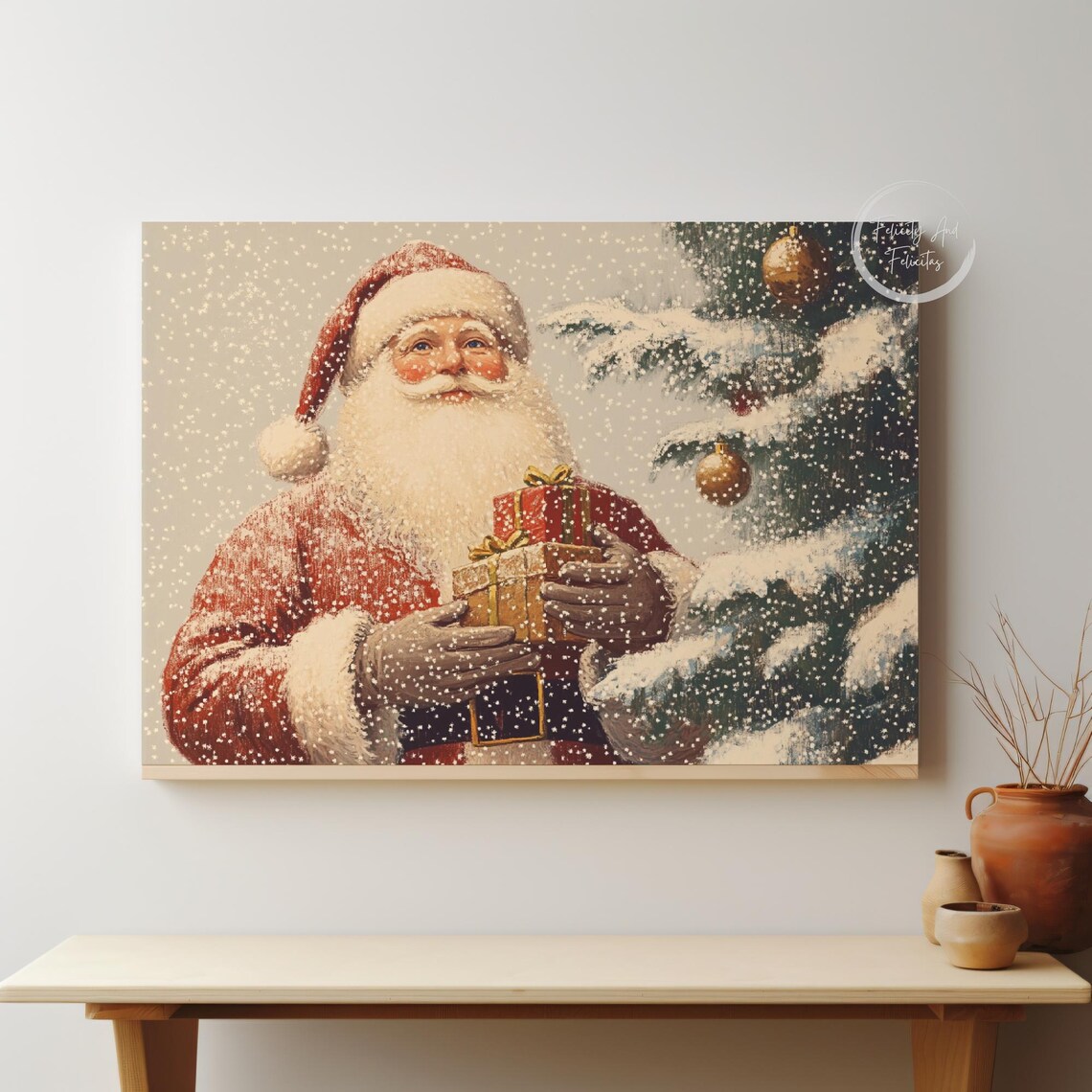 Vintage Santa Claus Holding Gifts by Snowy Christmas Tree Poster - Image 5