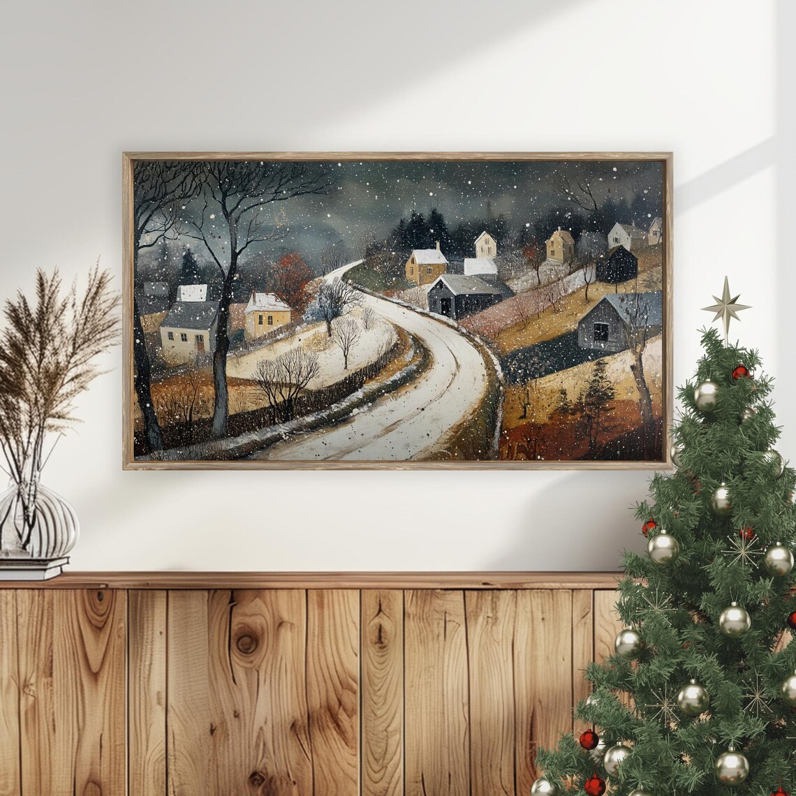 Moody Snowy Village Road At Dusk Falling Snow Landscape Poster - Image 5