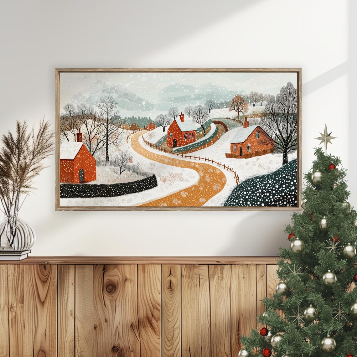 Winter Snowy Road Red Cottages Falling Snow Landscape Poster - Image 5