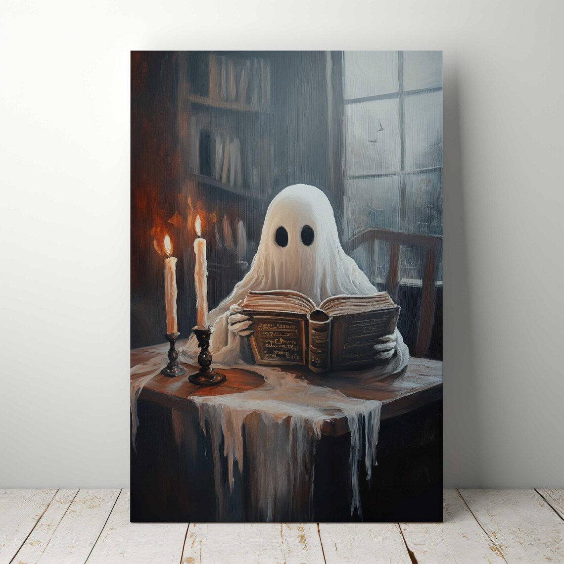 Cute Ghost Reading Book Candlelit Library Dark Academia Halloween Art Poster - Image 5