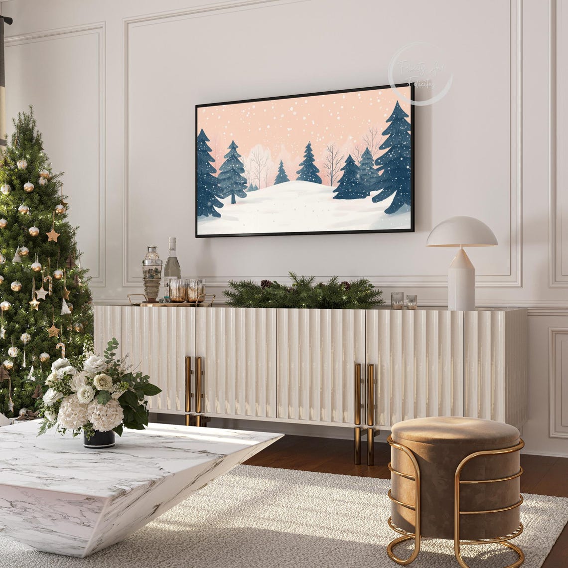 Snowy Pine Forest Peach Sky Falling Snow Christmas Poster Art - Image 6